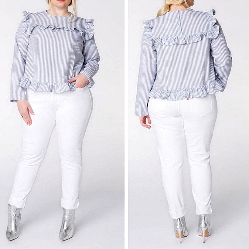Lost Ink Top Blue & White Ruffle Detail Womens Sz 2X
